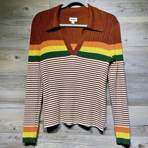 Wrangler Ribbed Sweater Women’s Small Collared V Neck Retro Stripe 70s Inspired